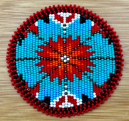 Handmade beaded Red green flower 3” rosette/ applique