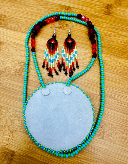 Handmade beaded Green Orange medallion necklace earrings set