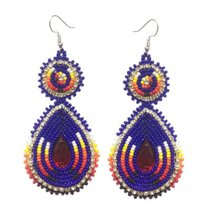 Handmade Beaded Teardrop Czech Earrings - 3.5 Inches Long, Blue Red