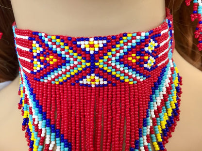 Vibrant Red Multicolor Beaded Choker Necklace Earrings Set