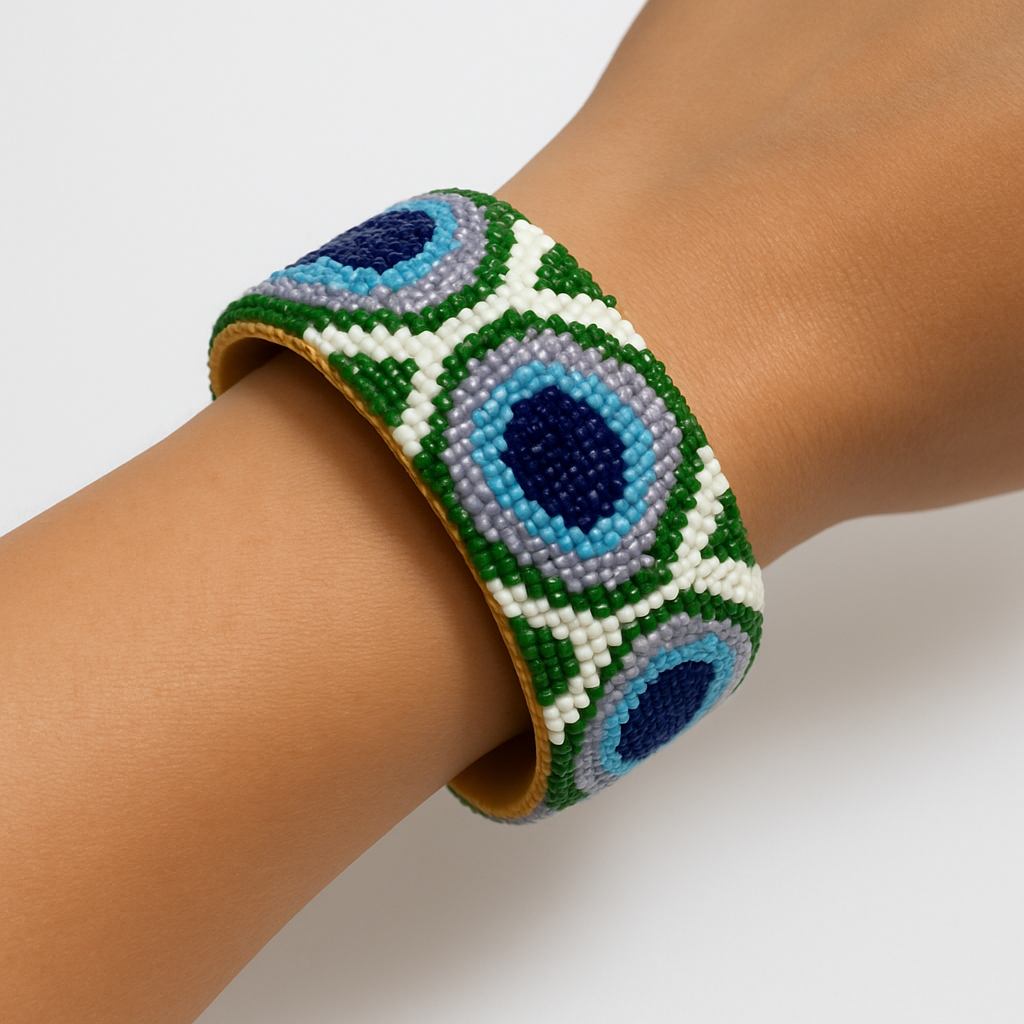 Handmade Beaded Cuff Bracelet – 1.5” Wide, Peacock Feather adjustable