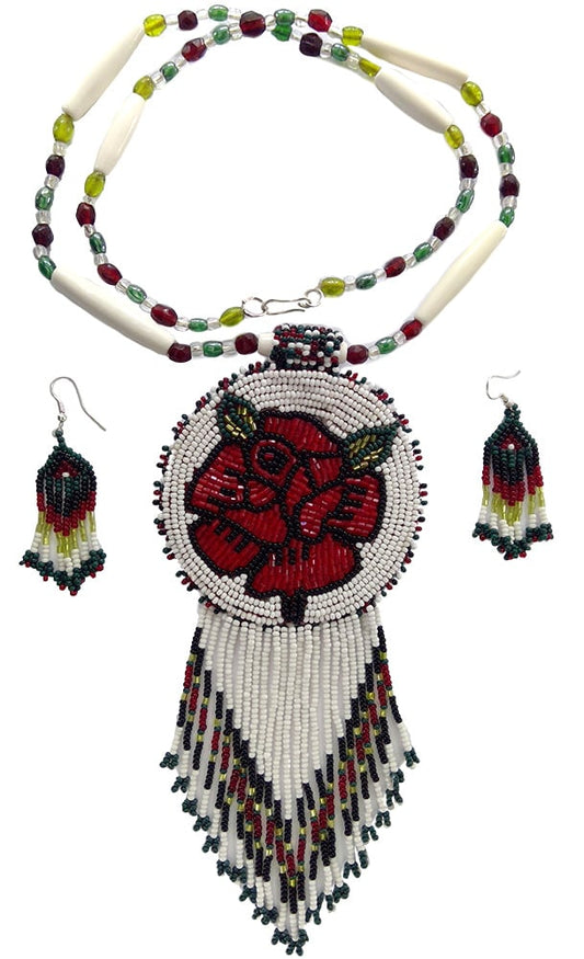 Red Rose Beadwork Long Medallion Handmade Beaded Necklace Earrings Set