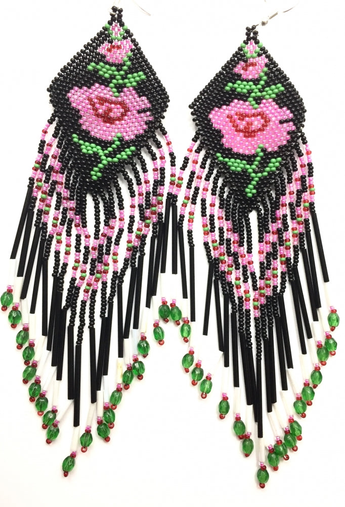Handmade Glass Beaded Black Pink Rose Design Extra Long Earrings