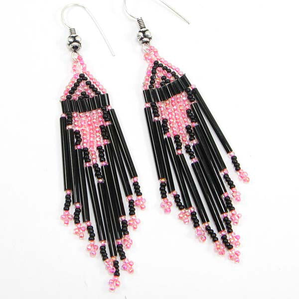 Handmade Beaded Pink Black Seed Bead Earrings