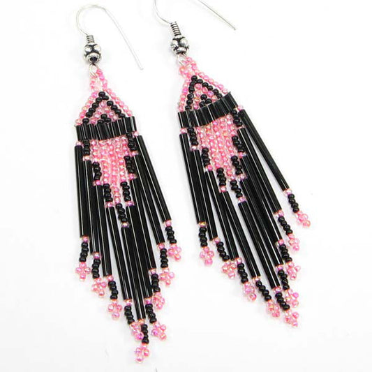 Handmade Beaded Pink Black Seed Bead Earrings