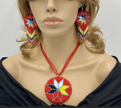 Handmade Beaded Red Rosette 4 Directions Pattern Pendant Necklace Earrings Set - Adjustable Length Organza Cord, Leather Back