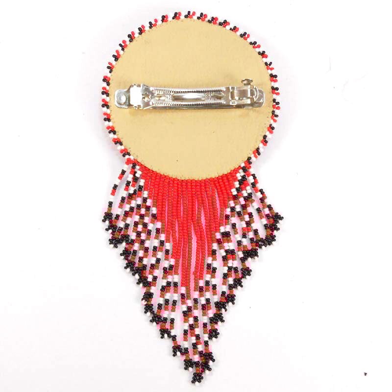 Beaded Barrette French Clip Red Turtle Medallion With Fringe