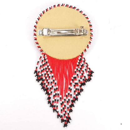 Beaded Barrette French Clip Red Turtle Medallion With Fringe