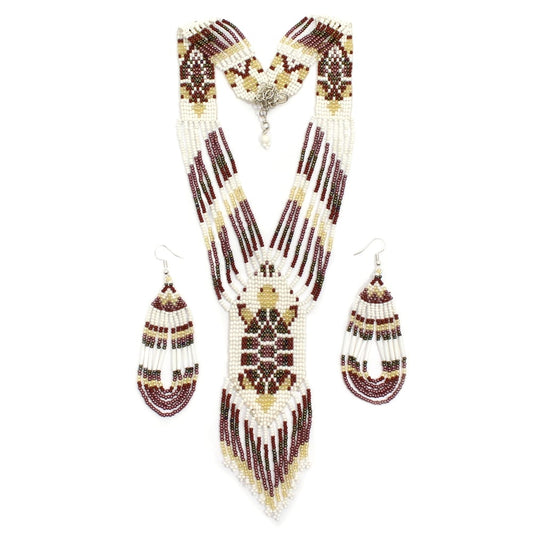 Handmade Beaded Brown White Turtle Necklace Earrings Set