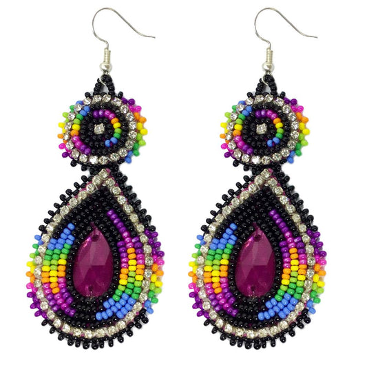 Handmade Beaded Teardrop Czech Earrings - 3.5 Inches Long, Purple Black