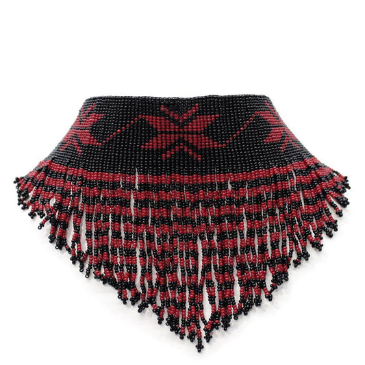 Black and Red Beaded Fringe Choker Necklace