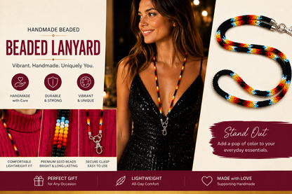 Handmade Beaded Black Lanyard Necklace – Colorful Seed Bead ID Badge Holder