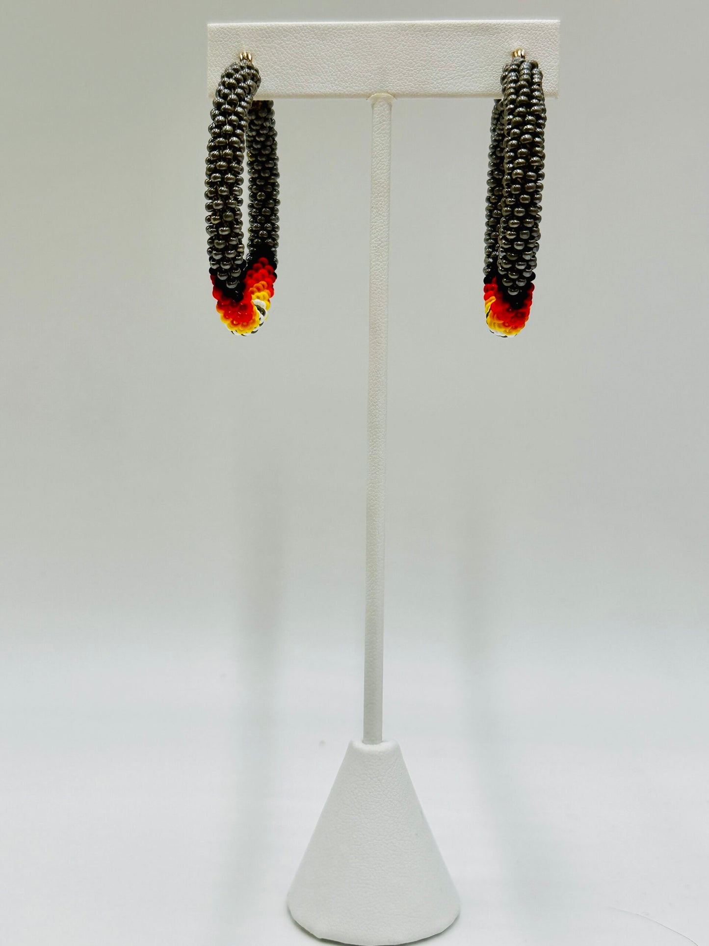 Handmade beaded Grey 2 inch Native style Hoop earrings