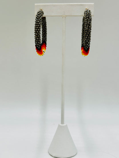 Handmade beaded Grey 2 inch Native style Hoop earrings