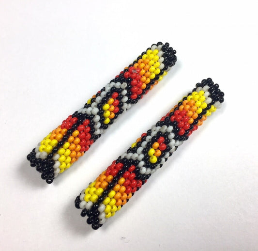 Black Multi-Color Pair Of Tubular Beaded Beads 2 1/4 Inch
