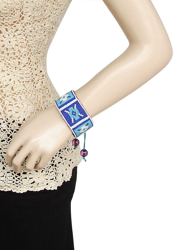 Adjustable Handmade Seed Beaded Soft Leather Cuff Bracelet - Cyan Blue/Deep Blue/White