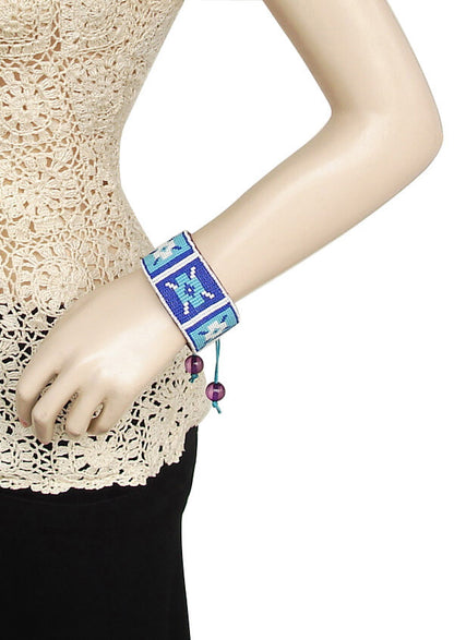Adjustable Handmade Seed Beaded Soft Leather Cuff Bracelet - Cyan Blue/Deep Blue/White