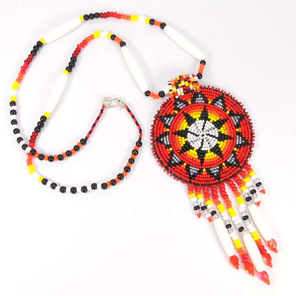 Red Seed Beads Long Medallion Star Fire Color Beaded Necklace Earrings Set