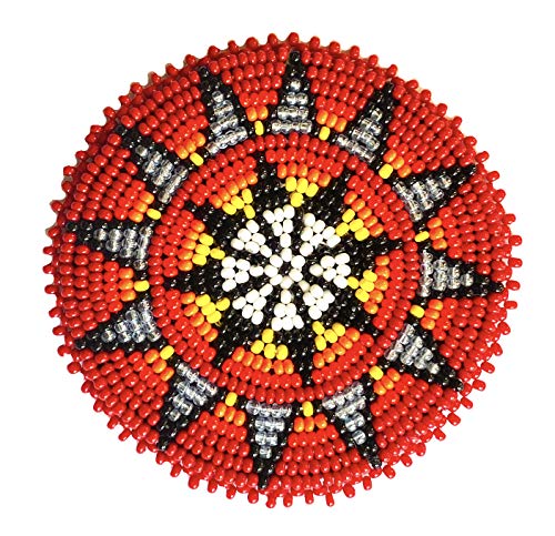 Seed Beads Beaded Rosette Medallion Patch Applique 2.5 inch Round (Red Fire Star)