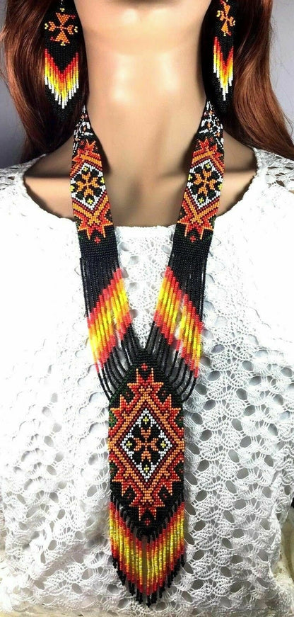 Handcrafted Ethnic Native Style Multi-Color Geometric Pattern Beaded Necklace Earrings Set