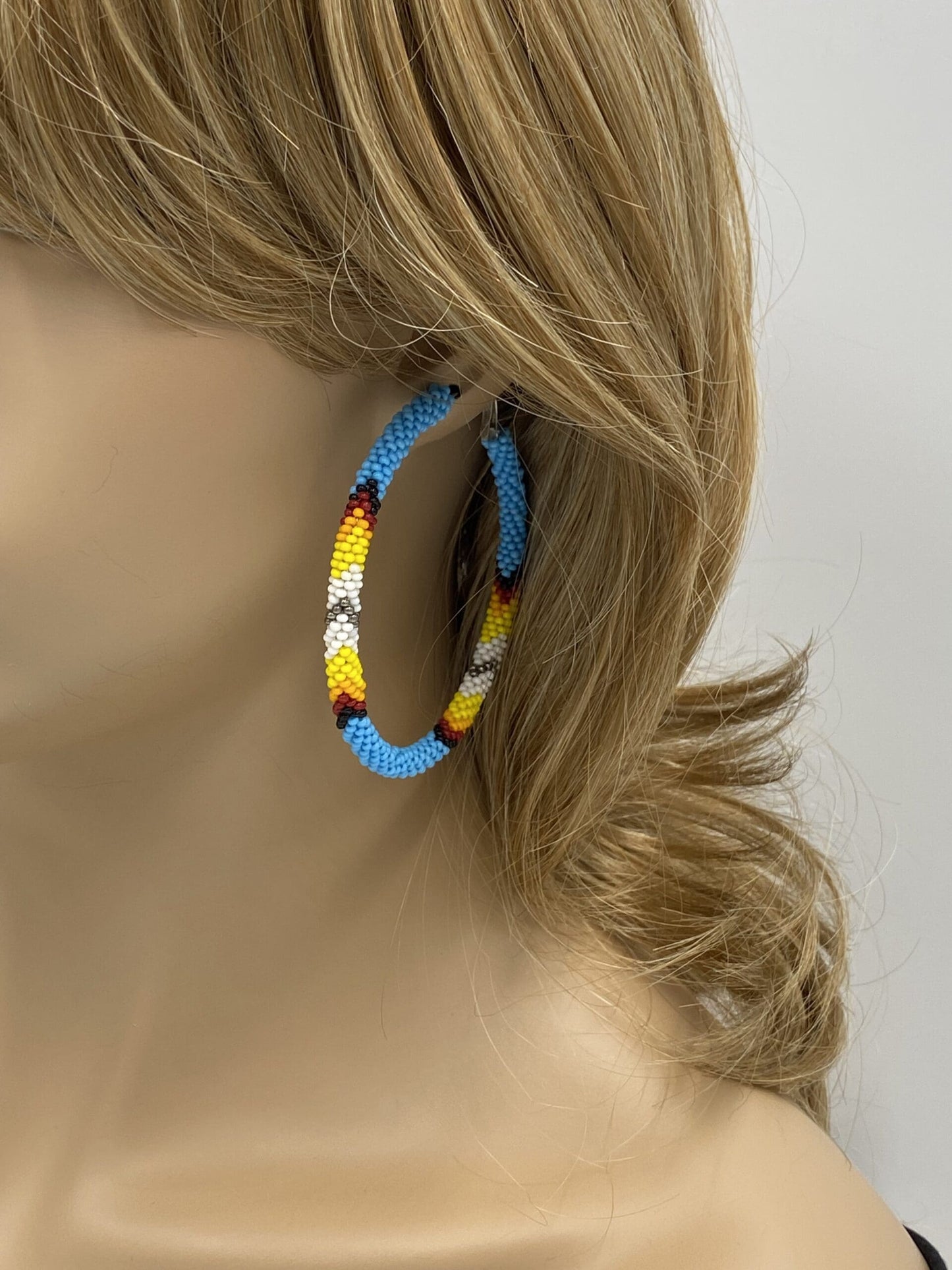 Handmade Native Style 3 Inch Hoop Earrings with Czech Seed Beads - Cyan Blue