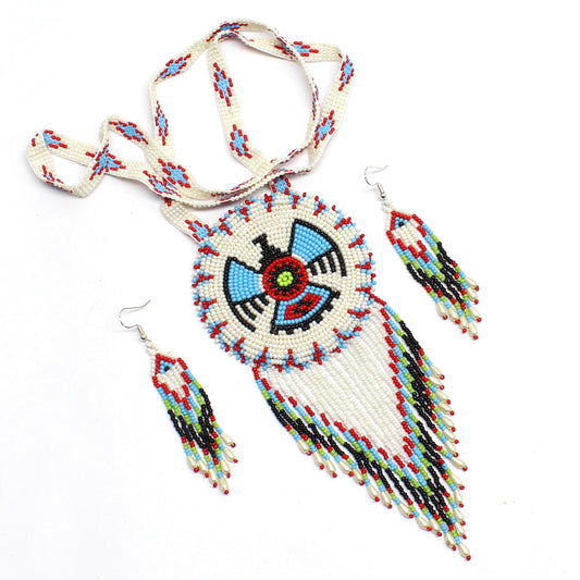 Handmade Beaded Necklace Earrings Set with 2-3 Inch Rosette Pendant - Cream Thunderbird