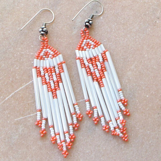 Handmade Beaded Orange White Bugle Seed Bead Earrings