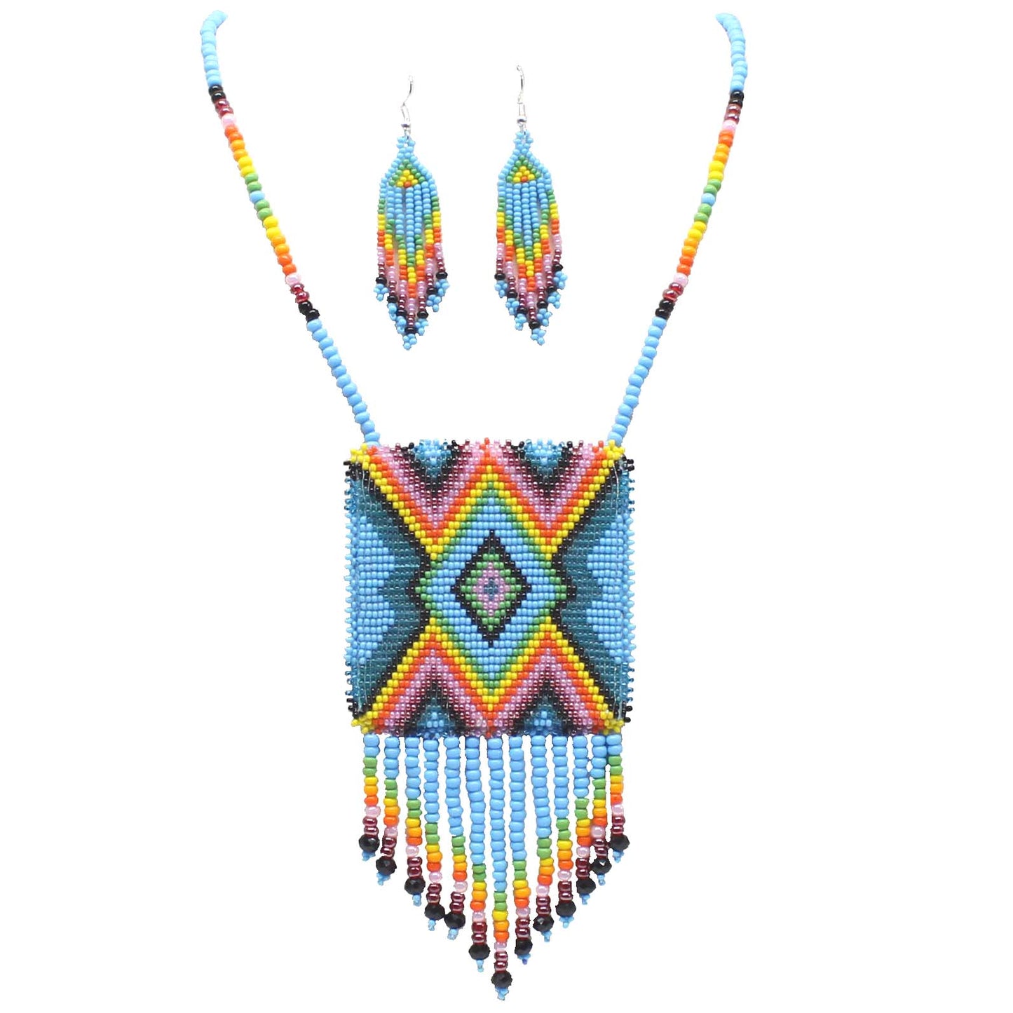 Handmade beaded Cyan Blue Aztec pendant necklace set