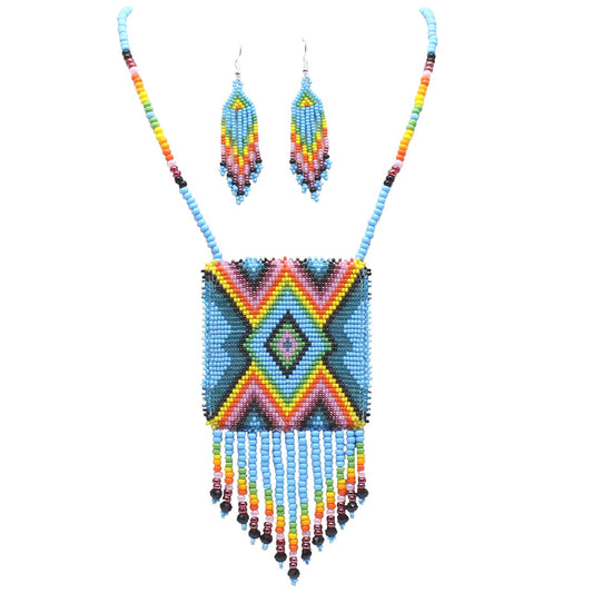 Handmade beaded Cyan Blue Aztec pendant necklace set