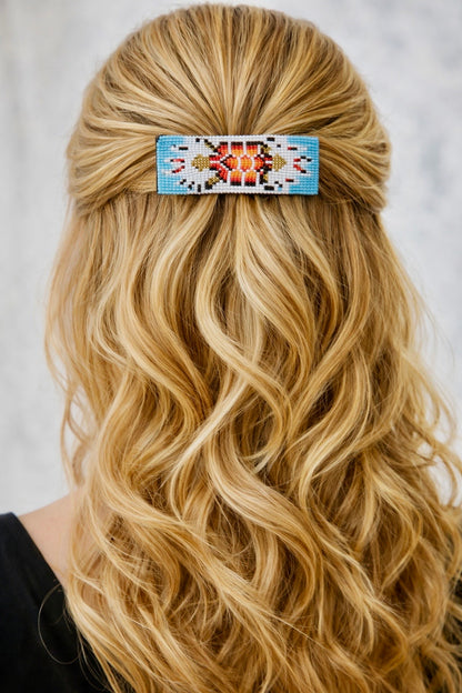 Handmade Beaded Barrette French Clip with Turtle Pattern in Cyan Blue, White and Red