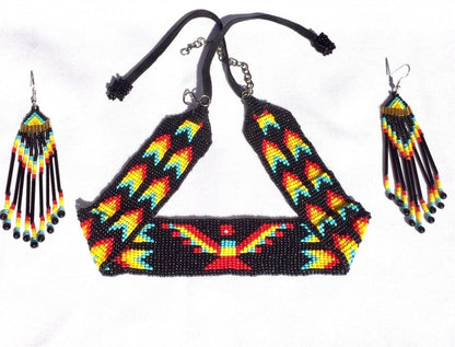 Handmade Native Inspired Black Multicolored Choker Necklace Earrings Set