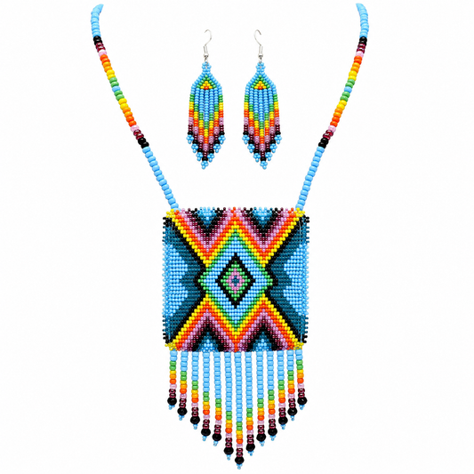 Handmade beaded Cyan Blue Aztec pendant necklace set