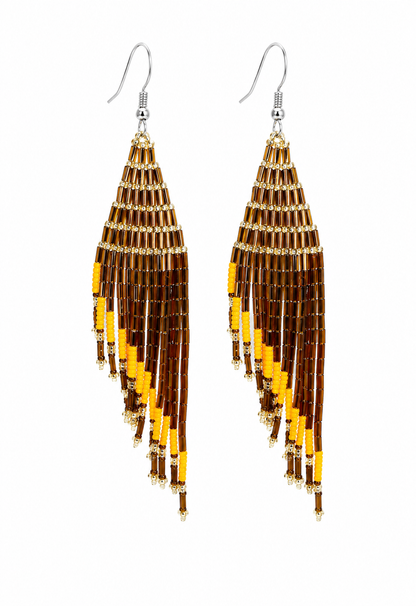 Handmade Brown & Yellow Czech Seed Bead Fringe Earrings | Long Boho Statement Earrings | BeadsCorner
