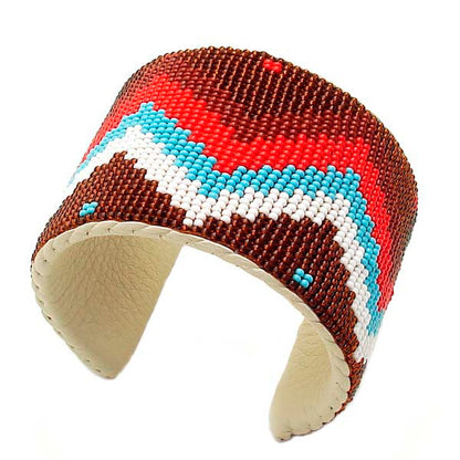 Brown Blue Red Cream Beadwork Unisex Beaded Wide Cuff Bracelet Leather