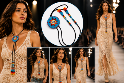 Handcrafted Cyan Blue Seed Beaded leather Bolo Tie with Star Pattern