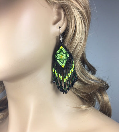Emerald Green &amp; Black Beaded Fringe Earrings