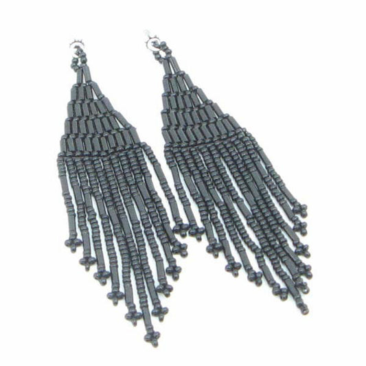 Handmade Beaded Black Seed Bead Big Earrings