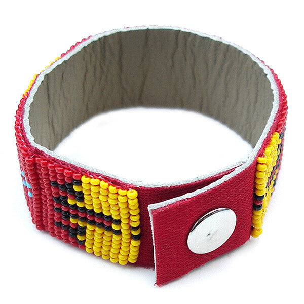 Adjustable Handmade Red Yellow Seed Soft Leather Cuff Bracelet - 7.5 inch Length, 0.9 inch Width