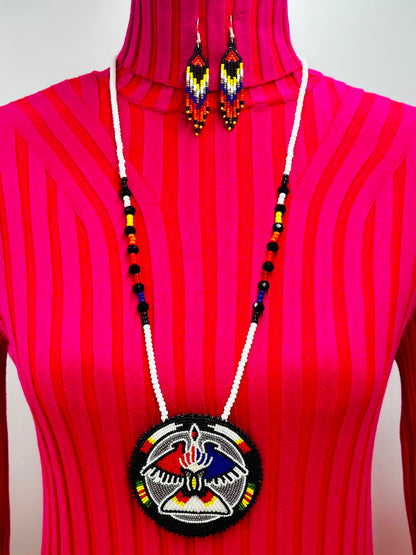Handmade beaded Grey Black Eagle necklace earrings set