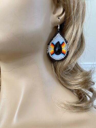 Handcrafted beaded Black Gray ethnic teardrop hook earrings