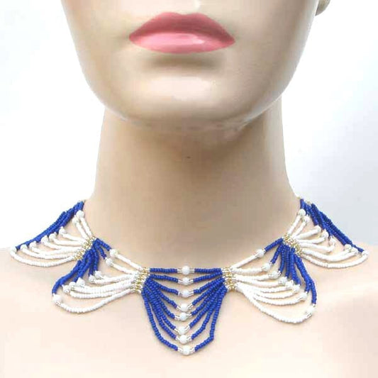 Blue White Golden Beadwork Frill Beaded Choker Necklace