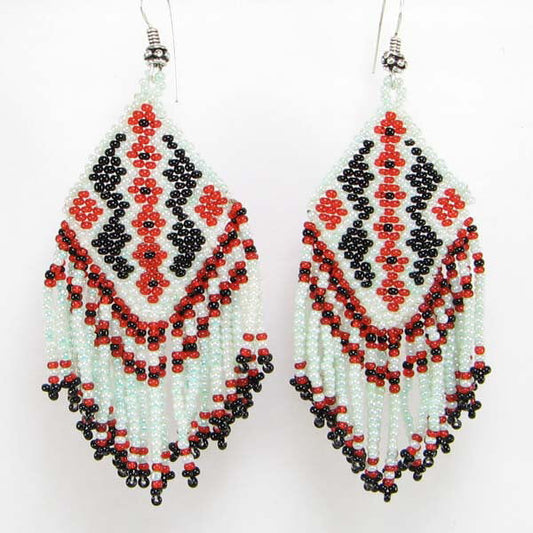 Black Light Grey Red Seed Beads Beaded Earrings Fringe