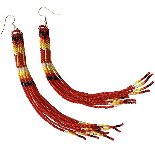 Handmade Beaded Earrings 5 Inch Long - Red