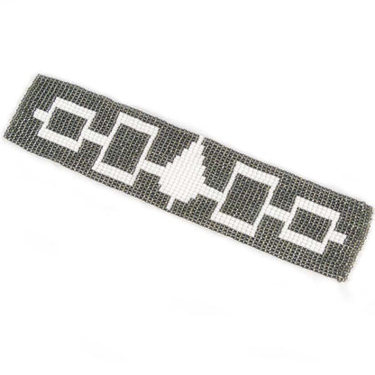 Handcrafted Iris Grey White Seed Beads Hiawatha Beadwork Beaded Cuff Adjustable Bracelet Leather