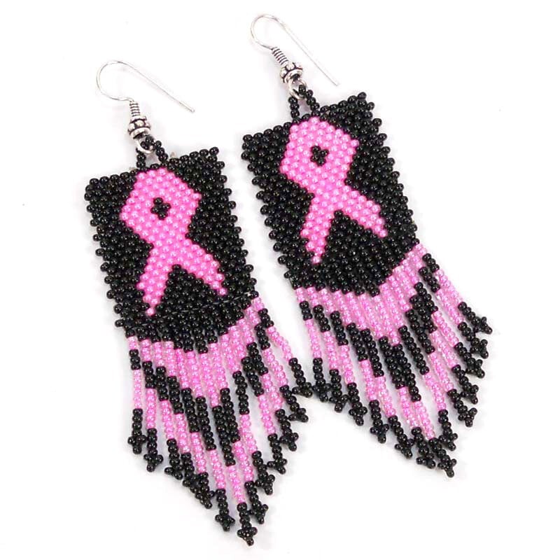 Black Pink Ribbon Big Seed Bead Earrings Breast Cancer Awareness