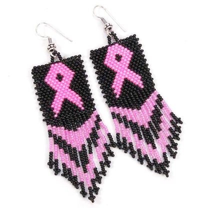 Black Pink Ribbon Big Seed Bead Earrings Breast Cancer Awareness