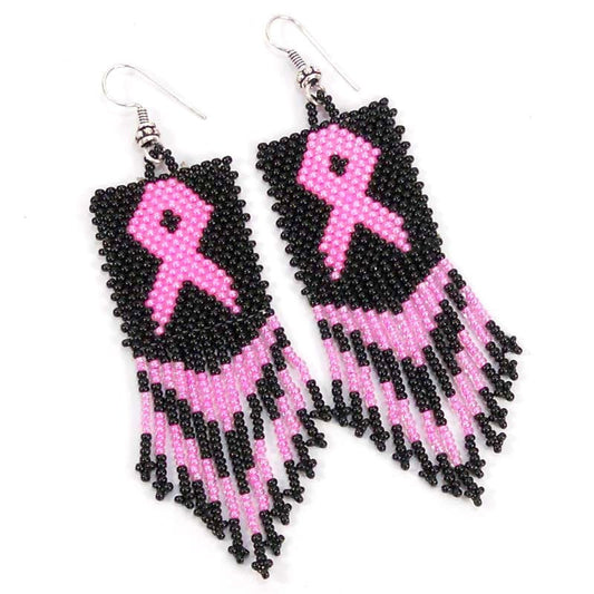 Black Pink Ribbon Big Seed Bead Earrings Breast Cancer Awareness