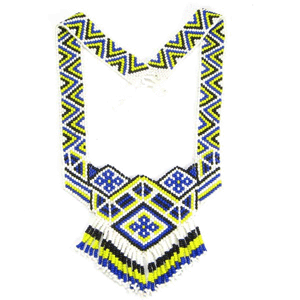 Blue White Yellow Geometric Art Lariat Bib Necklace Earrings