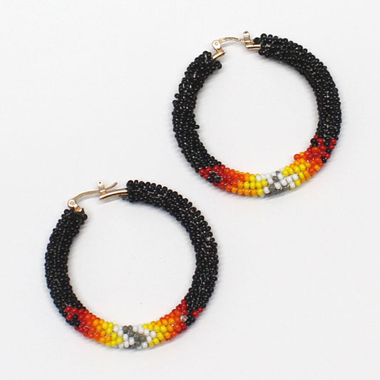 Handmade Black and Multicolor Native-Style Hoop Earrings 2”