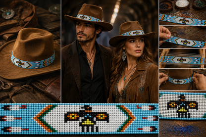 Blue White Red Yellow Seed Beaded Thunderbird Beadwork Cowboy Hat Band Belt